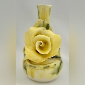 Vintage Lora Aileen Ceramic Yellow Green Rose 5.5”Tall Bud Vase USA